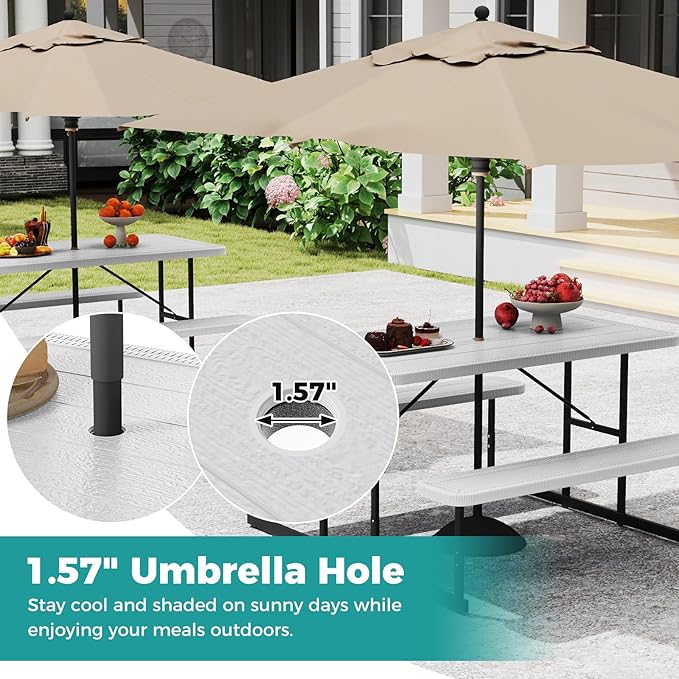 Giantex Picnic Table Bench Set for 4 People, 4.5FT Outdoor Rectangular Dining Table & 2 Benches w/Umbrella Hole - Photo 6