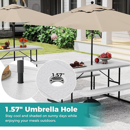 Giantex Picnic Table Bench Set for 4 People, 4.5FT Outdoor Rectangular Dining Table & 2 Benches w/Umbrella Hole, HDPE Tabletop, Metal Frame, Patio Garden Backyard Poolside (4.5FT,Non-Foldable,White)