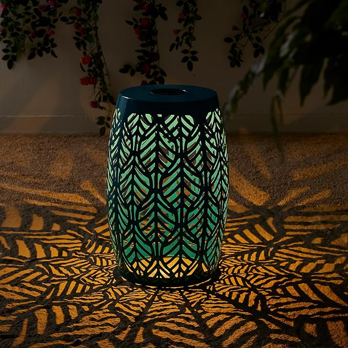 Glitzhome 18.25" H Outdoor Side Table with Leaf Pattern Solar Powered Light, Iron Cutout Drum Garden Stool Solar Decorative Lanterns, Metal End Table Plant Stand for Indoor Outdoor, Blue