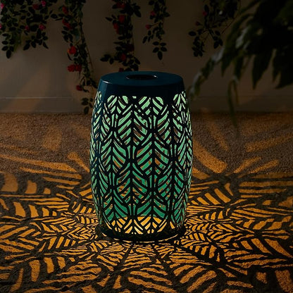 Glitzhome Set of 2 Outdoor Side Table with Leaf Pattern Solar Powered Light, 18.25" H Iron Cutout Drum Garden Stool Solar Decorative Lanterns, Metal End Table Plant Stand for Indoor Outdoor, Blue