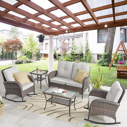 Belord Wicker Porch Rocking Chairs - 3 Pieces Patio Bistro Set High Back Outdoor Rocker Chairs Set with Side Table for Deck Balcony Brown/Beige