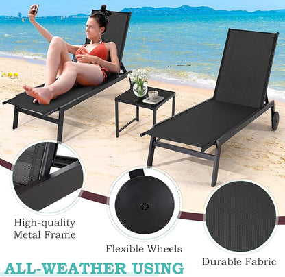 EROMMY Patio Chaise Lounge Chair Set of 2 with Table, Adjustable Backrest & Wheels, Waterproof Outdoor Poolside Recliners for Garden, Deck, Lawn, Backyard