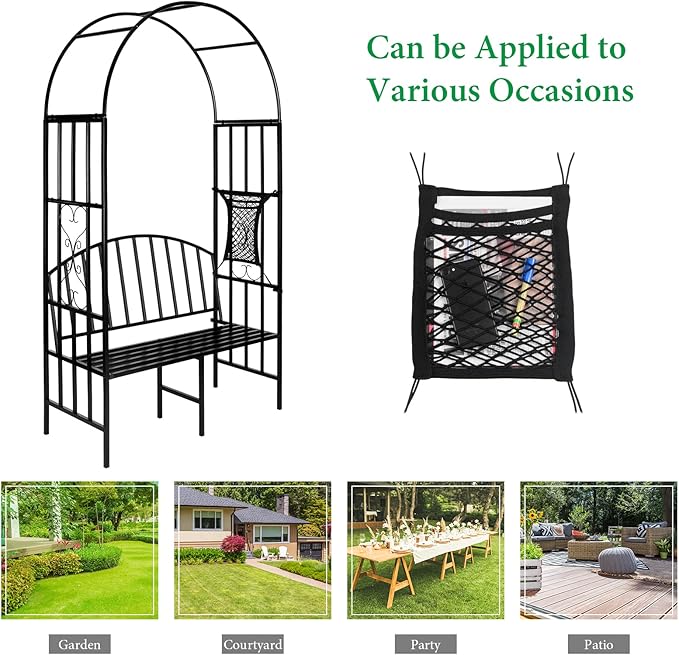 Garden Arch Heavy Duty Arbor with Bench Holds 660lbs Metal Arbor Archway for Climbing Plant & Two People Seat Bench Outdoor Lawn Backyard Decor, Black