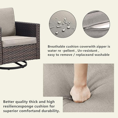 Rilyson Wicker Outdoor Patio Furniture Set - 5 Piece Patio Conversation Set with 2 Swivel Rocker Chairs,2 Rattan Ottoman and 1 Metal Side Table for Outside Porch Deck Backyard Garden(Brown/Grey)