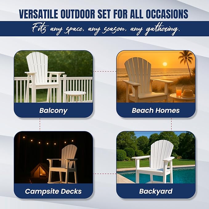 Phat Tommy Tall Adirondack Chair - HDPE Outdoor Furniture - Poly Adirondack Bar Stool - Heavy, Stress Free Furniture for Balcony, Deck, Patio, Front Porch, White