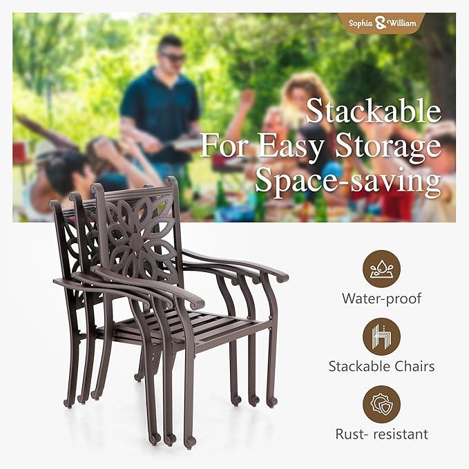 Sophia & William 2 Pieces Cast Aluminium Patio Dining Chairs Bronze with Cushions - Photo 3