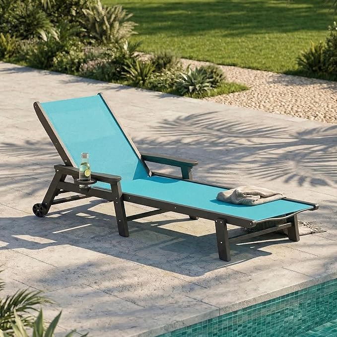 Patio Chaise Lounge Chair with Wheels & Cup Holder, HDPE Textilene Outdoor Lounge Chair 5 Positions Adjustable for Poolside Deck Patio Backyard (1, Grey Frame, Lake Blue Textilene)