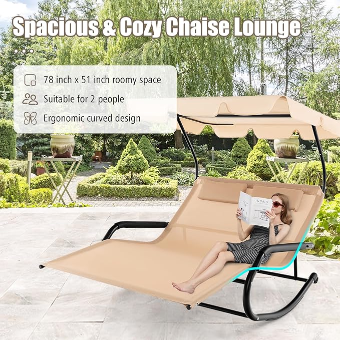Tangkula 2 Person Lounge Chair with Adjustable Canopy, Outdoor Chaise Lounge with 2 Detachable Pillows and Wheels, Extra Large Double Patio Hammock Bed Swing for Backyard, Poolside