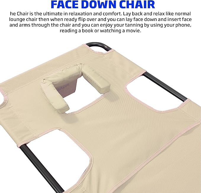 Face Down Tanning Chaise Lounge Chair - Face & Arm Holes - 2 Legs Support - Polyester Material – Backrest Positions - Head Rest Pillow - Beach or Home Use - Read and Tan - Tan Stripes Pattern