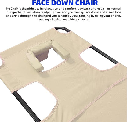 Face Down Tanning Chaise Lounge Chair - Face & Arm Holes - 2 Legs Support - Polyester Material – Backrest Positions - Head Rest Pillow - Beach or Home Use - Read and Tan - Tan Stripes Pattern