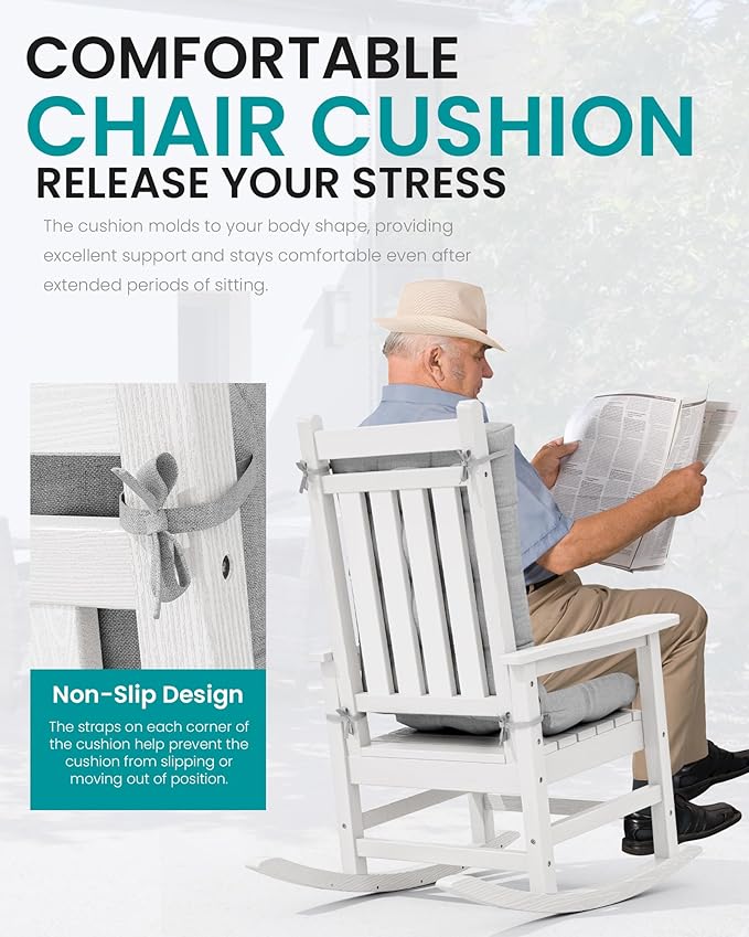 SERWALL HDPE Outdoor Rocking Chair Cushion Set of 4, Memory Foam Cushion Gray