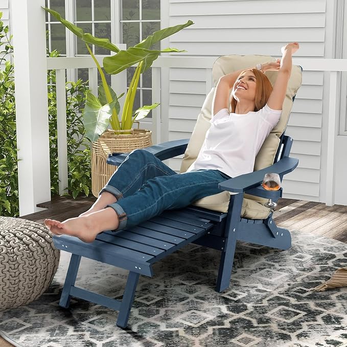 Mega Casa Poly Lumber Adirondack Chair with Cup Holders, Ottoman and Cushion, Adjustable Backrest, All-Weather Resistant HIPS Material, Wood-Like Pattern, Heavy Duty 700 LBS (Navy Blue)
