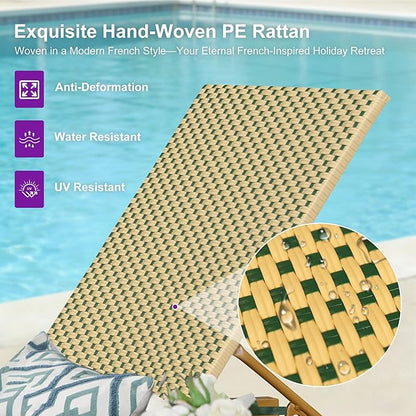 PURPLE LEAF Patio Chaise Lounge French Outdoor Lounger 1 Piece Wood-Grain Finish Aluminum Wicker Lounge Chair with Adjustable Backrest for Pool Garden Beach and Backyard Beige and Green