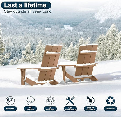 MXIMU Modern Adirondack Chairs Set of 8 Weather Resistant with Cup Holder Oversize Plastic Fire Pit Chairs Plastic Outdoor Chairs for Firepit Area Seating (Teak)