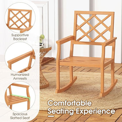Tangkula Teak Wood Rocking Chair, Oversized Porch Rocker with Backrest and Slatted Seat, Outdoor Rocker Chair for Patio, Backyard and Lawn, 330 LBS Weight Capacity (1, 30 x 23 x 35 Inch)
