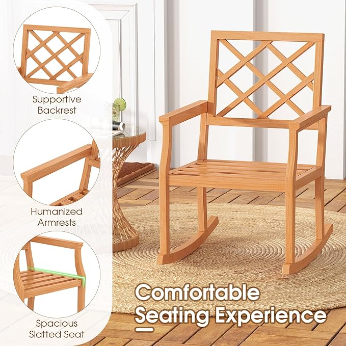 Tangkula Teak Wood Rocking Chair, Oversized Porch Rocker with Backrest and Slatted Seat, Outdoor Rocker Chair for Patio, Backyard and Lawn, 330 LBS Weight Capacity (2, 30 x 23 x 35 Inch)