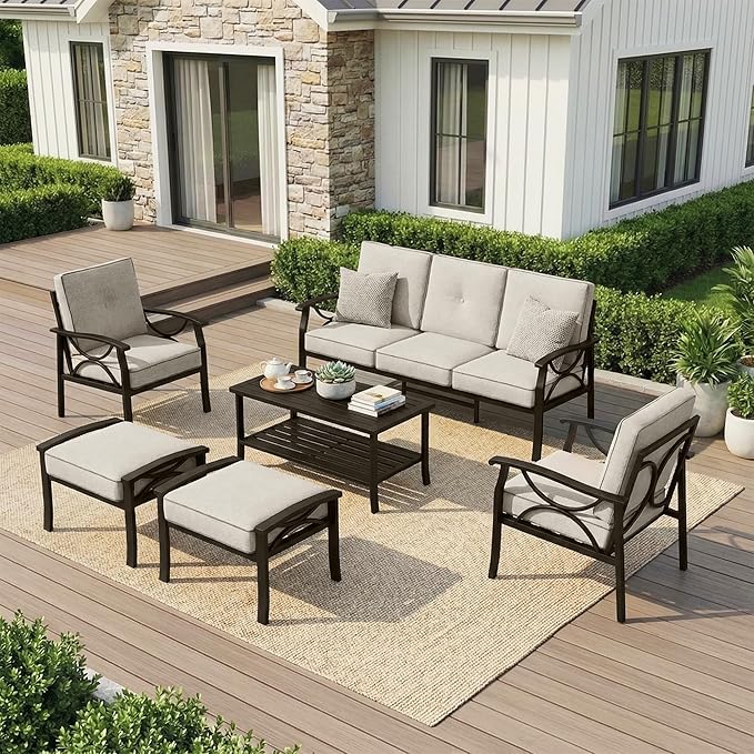 Outdoor Patio Furniture Set, 7 Seats Outdoor Patio Set with 4" Thick Cushion, All-Weather Metal Patio Sofa with Coffee Table, Outdoor Sectional Furniture for Porch Backyard Deck Yard, Black&Beige