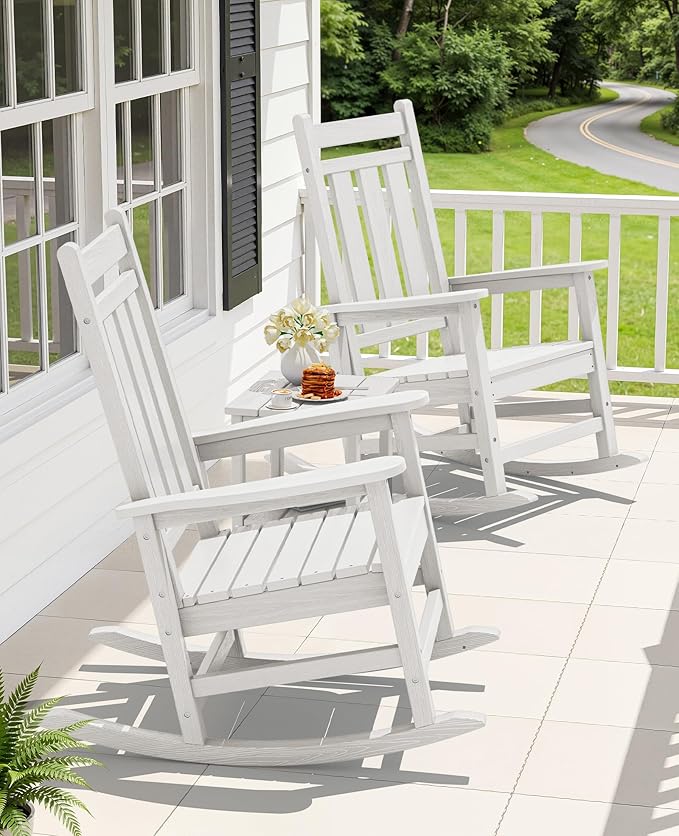 KINGYES Oversized Outdoor Rocking Chair, All-Weather Patio Rocking Chairs for Porch, HDPE Outdoor Patio Rockers with High Back & Wide Seat for Garden, Lawn, White