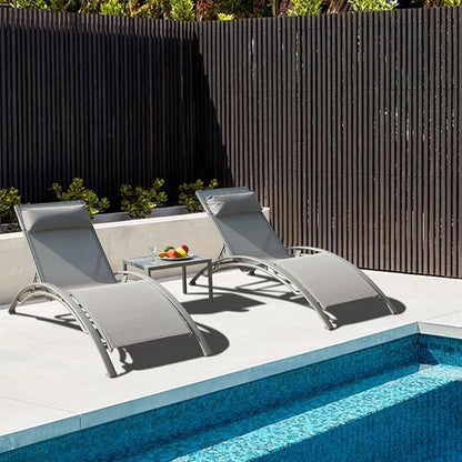 Domi Pool Lounge Chairs Set of 2 with Side Table, Aluminum Adjustable Outdoor Chaise Lounge, All Weather Poolside Chairs for Deck Lawn Poolside, Textilene (Grey)