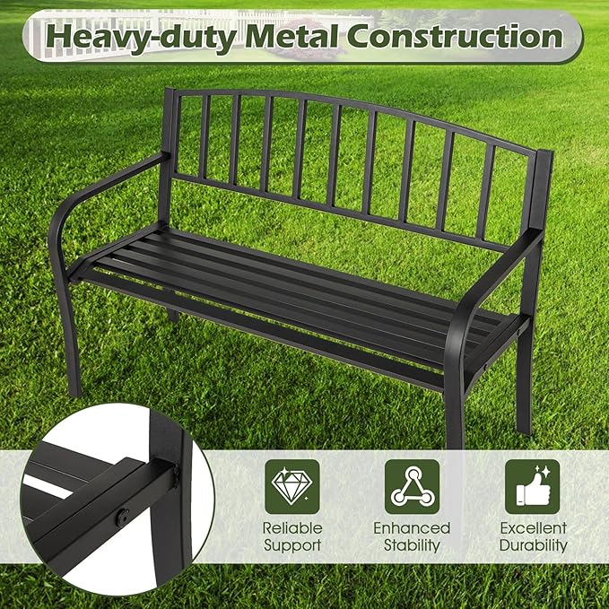 Giantex Metal Outdoor Bench, Patio Garden Bench with Backrest, Curved Armrests, Slatted Seat for 2-3 Persons, 660 LBS, Heavy-Duty Outside Seating Loveseat for Yard, Porch, Park, Black