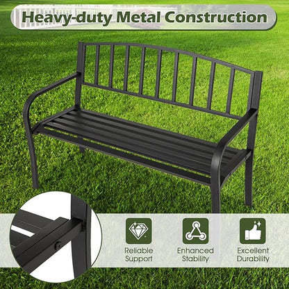 Giantex Metal Outdoor Bench, Patio Garden Bench with Backrest, Curved Armrests, Slatted Seat for 2-3 Persons, 660 LBS, Heavy-Duty Outside Seating Loveseat for Yard, Porch, Park, Black