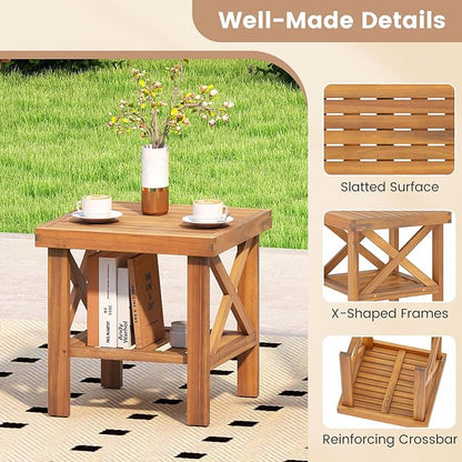 Tangkula Outdoor Side Table, 2-Tier Acacia Wood Adirondack Bistro Table with Slatted Tabletop & Storage Shelf, Small Square Patio Table for Yard, Deck, Garden, Poolside (1)