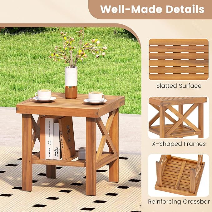 Tangkula Outdoor Side Table, 2-Tier Acacia Wood Adirondack Bistro Small Square Patio Table with Slatted Tabletop & - Photo 5