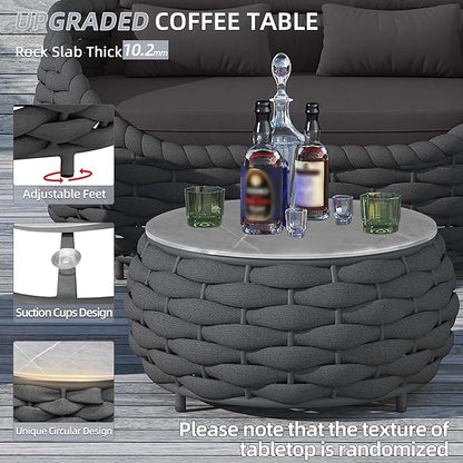 TWT Outdoor Coffee Table for Patio Table Rope Patio Coffee Table Lawn Garden Small Coffee Table with Rock Slab Top All-Weather, 25.6in(Textilene Rope, Dark Grey)