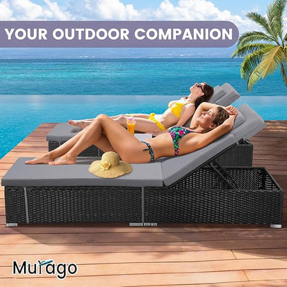 Outdoor Chaise Lounge Chairs, All-Weather Wicker Pool Lounge Chair Set of 2 with Side Table, Adjustable Backrest & Washable Cushions for Patio, Poolside, Beach, Light Grey