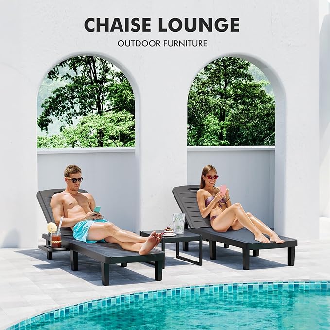 WACASA Outdoor Chaise Lounge Chairs Set of 4, Oversized Lounge Chairs with 5-Level Adjustable Backrest & Cup Holder, Resin Waterproof Pool Lounge Chair for Poolside, Patio, Beach, Yard, Black
