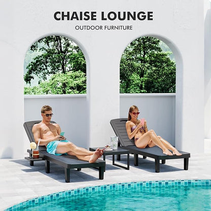 WACASA Outdoor Chaise Lounge Chairs Set of 4, Oversized Lounge Chairs with 5-Level Adjustable Backrest & Cup Holder, Resin Waterproof Pool Lounge Chair for Poolside, Patio, Beach, Yard, Black