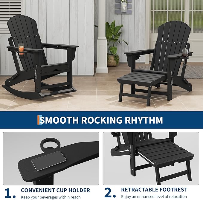 Garvee Folding Adirondack Chairs with Two Cup Holders. HDPE All Weather Outdoor Adirondacks Rocking Chair with Retractable Ottoman, Outdoor Adirondack Chair for Patio, Outside, Deck, Backyard-Black