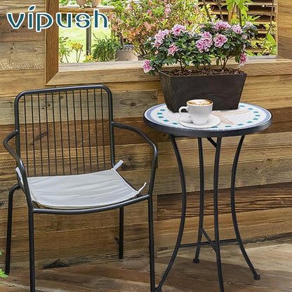 Vipush Mosaic Outdoor Side Table, 14" Round Folding Plant Stand for Patio Garden Backyard Balcony Porch Indoor Accent End Table for Living Room, Ceramic Tabletop with Black Iron, Starfish