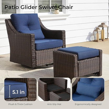 CHITA 5 Pieces Swivel Wicker Patio Furniture Set, Outdoor Conversation Set with 2 Pieces Rattan Rocking Swivel Chairs, 2 Pieces Ottomans, Thickened Cushions and Side Table