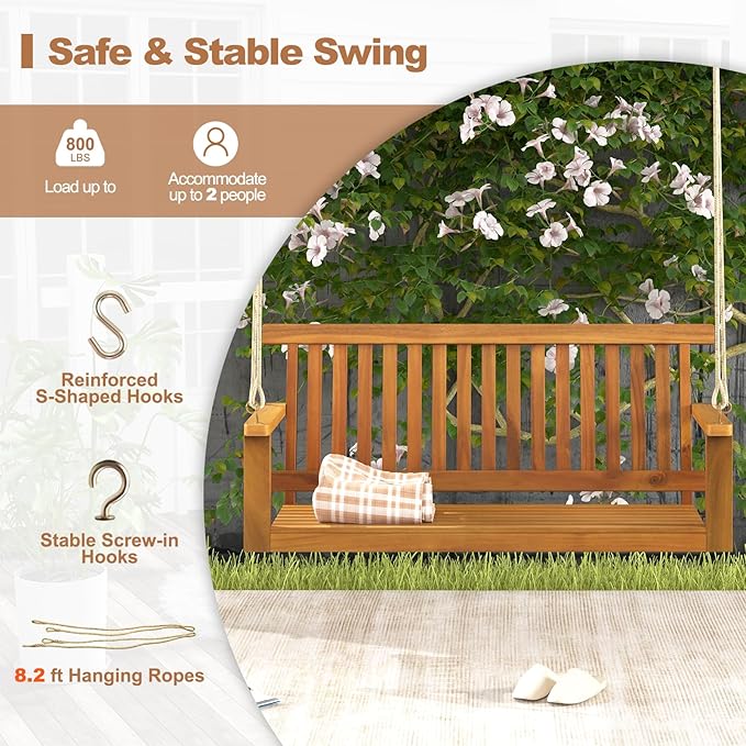 Tangkula 2 Person Hanging Porch Swing, Wooden Patio Swing with 2 Hanging Hemp Ropes, Slatted Seat & Back - Photo 5