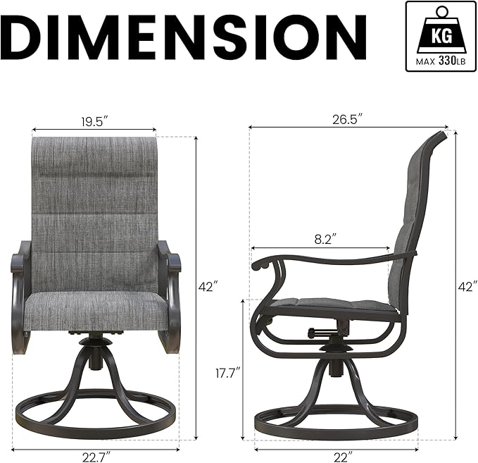 Patio Swivel Chairs Set of 2, Outdoor Dining Chairs with High Back, All-Weather Swivel Rocker Chair for Lawn, Porch or Garden (Padded Dark Grey)