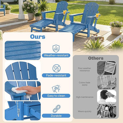 Outsunny Folding Adirondack Chair Set of 2, Outdoor HDPE Fire Pit Chair with Retractable Ottoman, Cup Holder and Large Seat for Deck, Garden, Backyard, Blue