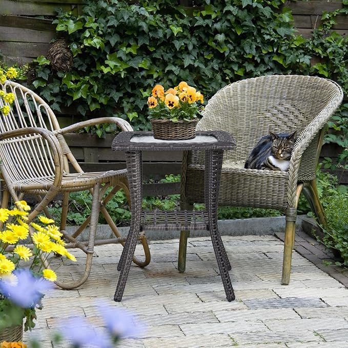 Outdoor Wicker Side Table, Rattan End Table with Glass Top, Patio Coffee Bistro Table for Indoor Garden Porch Balcony (Grey)