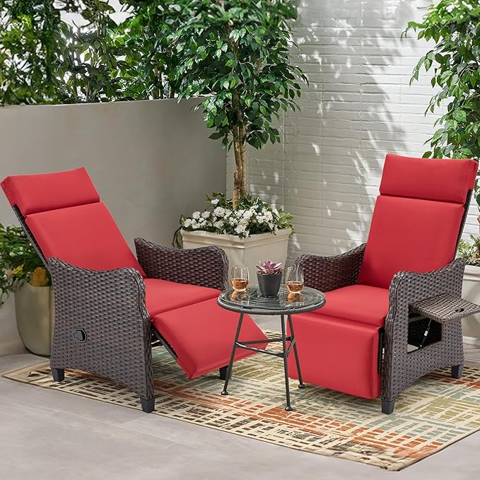 HOMREST Outdoor Recliner Chair with Flip-up Table Set of 2, Rattan Armchair with Adjustable Backrest up to 150°, Wicker Lounge Chair with Integrated Footstool & Removable Cushion for Gardens, Burgundy