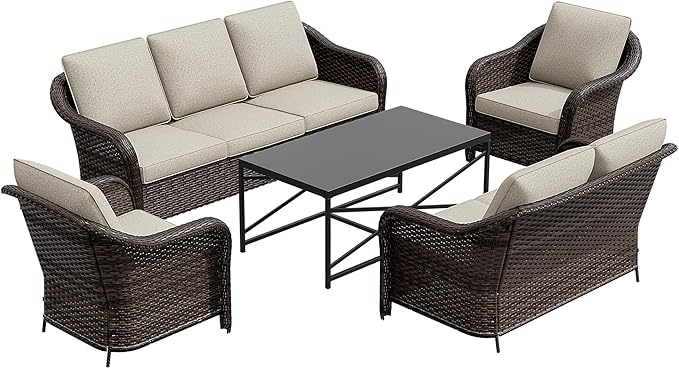 5 Pieces Outdoor Patio Rattan Conversation Furniture Set with Cushions, 78" 3-Seat Wicker Sofa, 55" 2-Seat Couch - Photo 9