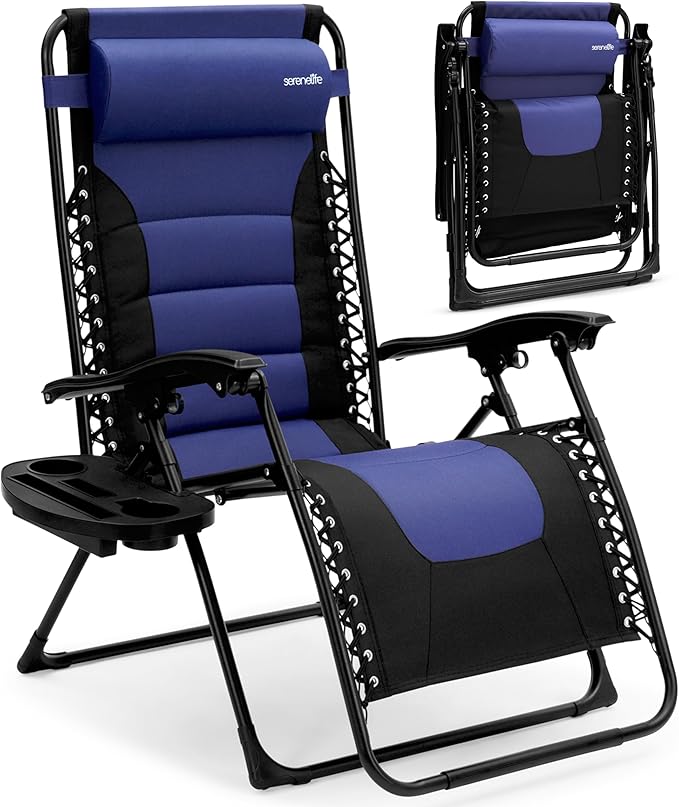 SereneLife Oversized Padded Zero Gravity Lounge Chair, Foldable Outdoor Patio Recliner, Anti Gravity Lawn Recliner with Cup Holder and Side Table for Backyard, Camping, Beach or Outdoor Relaxation