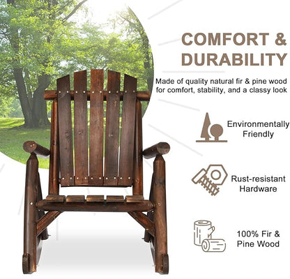 Outdoor Wooden Rocking Chair, Patio Rustic Adirondack Porch Rocker, All Weather Solid Wood Log Rocker Chair with High Back & Slatted Seat for Indoor, Backyard, Garden (Set of 2, Carbonized)