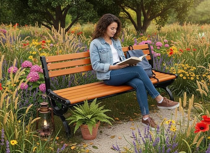 Outdoor Benches Cast Aluminum Preservative Wood 67IN(170CM) Patio Garden Bench Perfect for Backyard, Lawn, Porch, Path - Photo 4