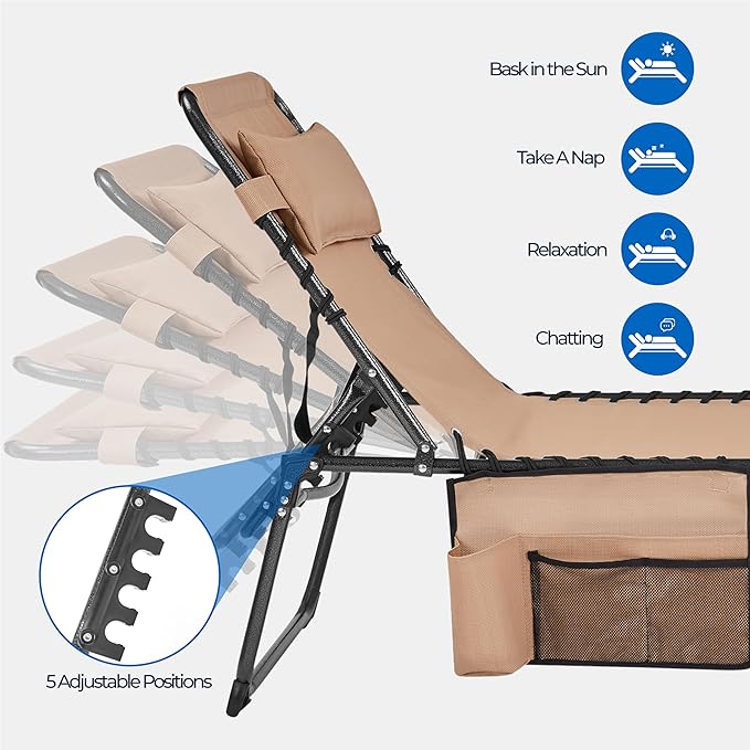 Yaheetech 22.4" Tanning Chair with Face Hole, Adjustable 5-Position Folding Chaise Lounge Chairs, Outdoor Lounge Chairs for Lawn, Beach, Sunbathing, Beige