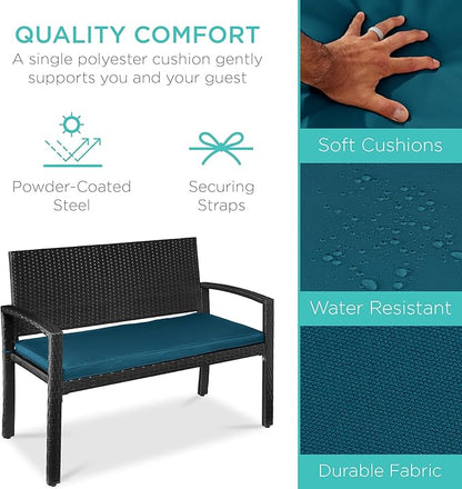 Best Choice Products Outdoor Bench 2-Person Wicker Garden Patio Benches Seating Furniture for Backyard, Porch w/Seat Cushion, 700lb Capacity - Peacock Blue/Black