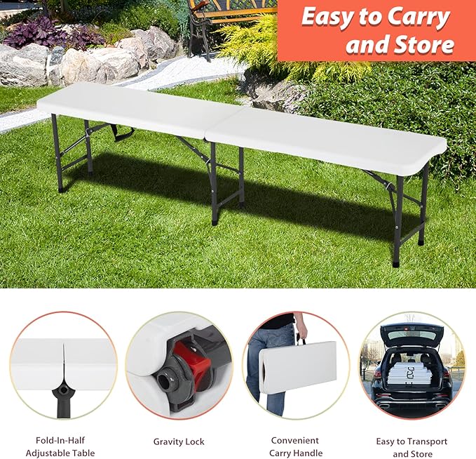 6FT Bench Chair Plastic Folding Bench Plastic Portable Outdoor Bench Garden Bench with Carrying Handle and Lock for Camping Picnic Party Dining 2 Pack White