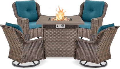 Outdoor Patio Swivel Gliders with Fire Pit Table 5 Piece Set - High Back Brown Wicker Rattan Rocking Chair with Thick Cushion for Porch Apartment Deck Yard Poolside Garden - Peacock Blue