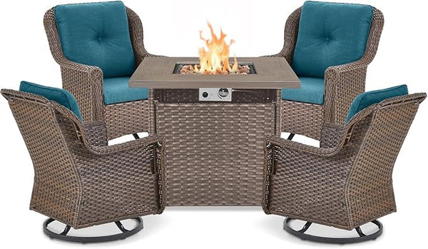 Outdoor Patio Swivel Gliders with Fire Pit Table 5 Piece Set - High Back Brown Wicker Rattan Rocking Chair with Thick - Photo 1