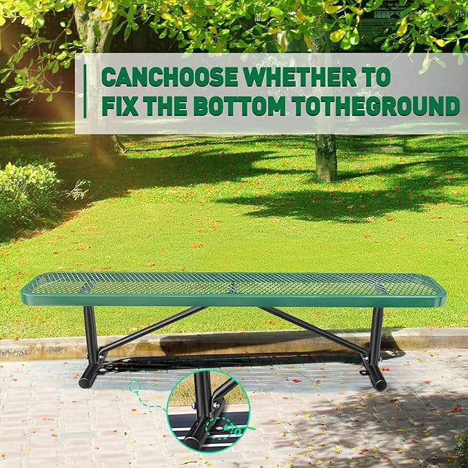 Thermoplastic Coated Iron Park Bench for Outside, Heavy Duty Metal Garden Bench, Expanded Commercial Grade Seating for Shopping Malls, Lawn Yard Porch Entryway (Green without Backrest, 72IN)