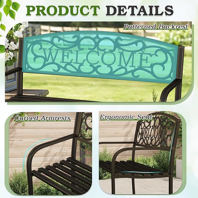 50" Outdoor Garden Bench, Iron Metal Frame Patio Bench with Backrest Armrests, Weatherproof Anti-Rust Outdoor Bench for Front Porch, Park, Yard, Patio (403-GOLDEN)